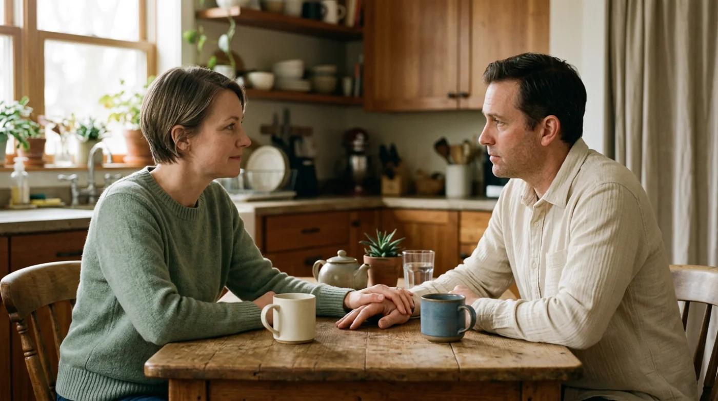 Two people having a calm conversation at a kitchen table.