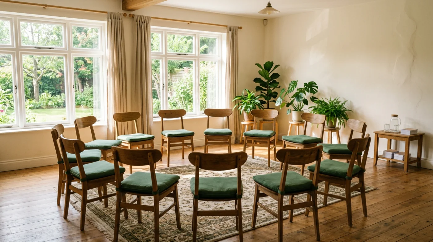 Circle of chairs in a bright community room, ready for a peer support meeting.