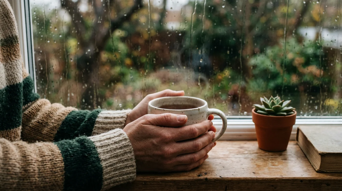 Hands holding a warm mug by a rain-streaked window, a quiet pause away from screens and slots.
